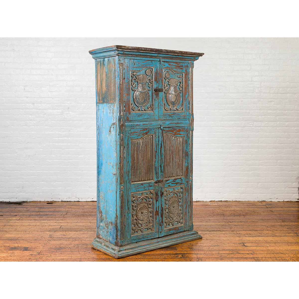 Antique Indian Distressed Wooden Cabinet with Hand Rubbed Blue Patina-3. Asian & Chinese Furniture, Art, Antiques, Vintage Home Décor for sale at FEA Home