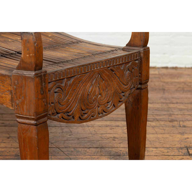 Antique Indonesian Reclining Plantation Chair with Bamboo Slats and Carved Decor-YN6712-8. Asian & Chinese Furniture, Art, Antiques, Vintage Home Décor for sale at FEA Home