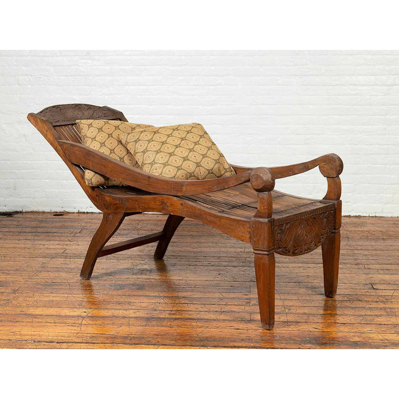 Antique Indonesian Reclining Plantation Chair with Bamboo Slats and Carved Decor-YN6712-9. Asian & Chinese Furniture, Art, Antiques, Vintage Home Décor for sale at FEA Home