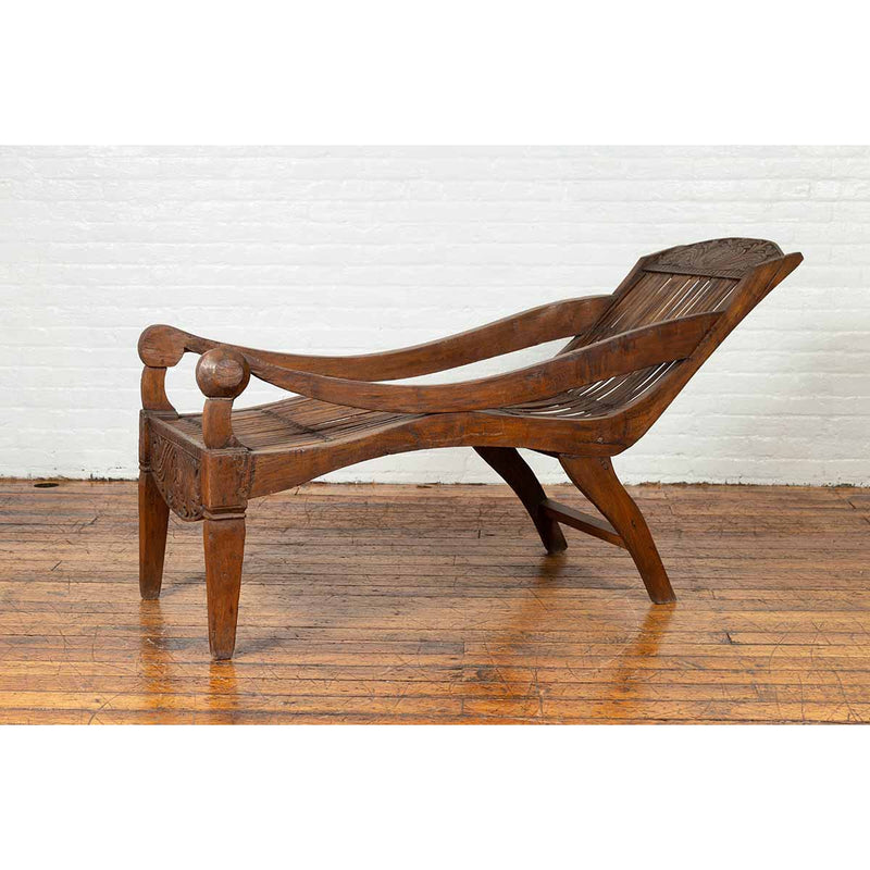Antique Indonesian Reclining Plantation Chair with Bamboo Slats and Carved Decor-YN6712-5. Asian & Chinese Furniture, Art, Antiques, Vintage Home Décor for sale at FEA Home