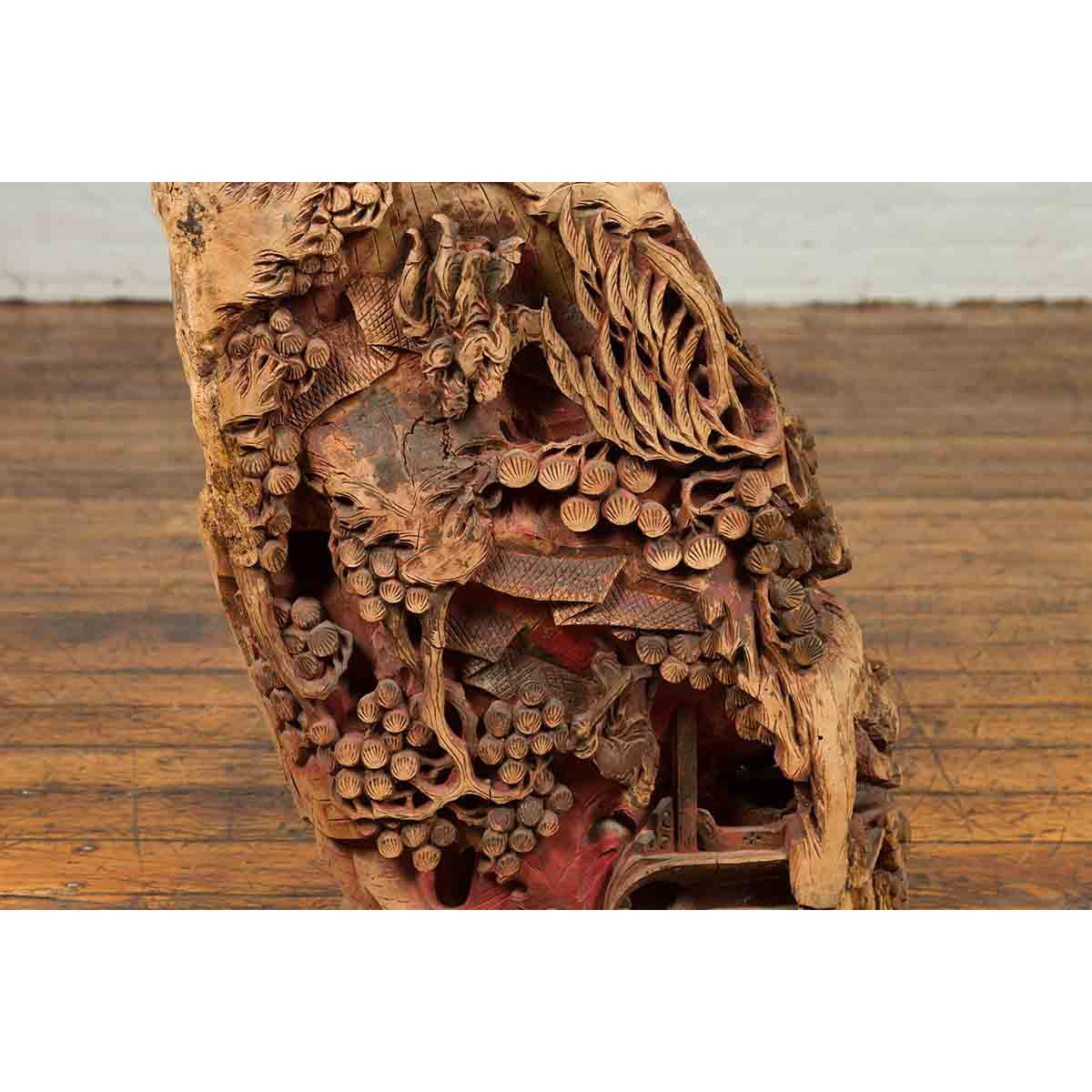 Antique Chinese Hand Carved Temple Corbel with Original Red Polychromy-9. Asian & Chinese Furniture, Art, Antiques, Vintage Home Décor for sale at FEA Home