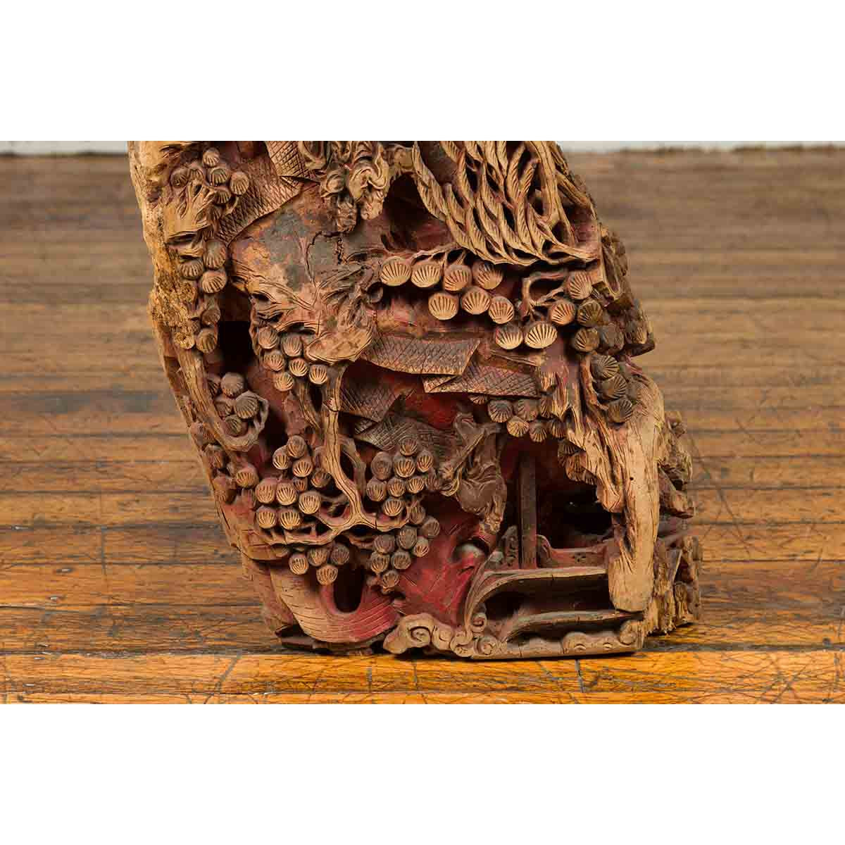Antique Chinese Hand Carved Temple Corbel with Original Red Polychromy-10. Asian & Chinese Furniture, Art, Antiques, Vintage Home Décor for sale at FEA Home