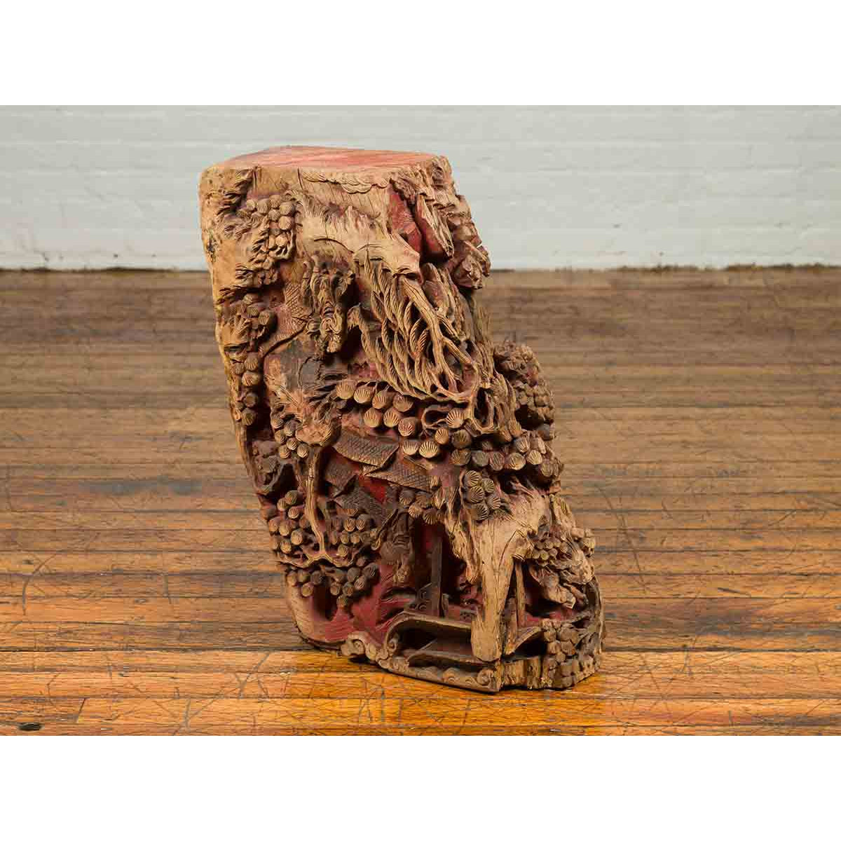 Antique Chinese Hand Carved Temple Corbel with Original Red Polychromy-6. Asian & Chinese Furniture, Art, Antiques, Vintage Home Décor for sale at FEA Home