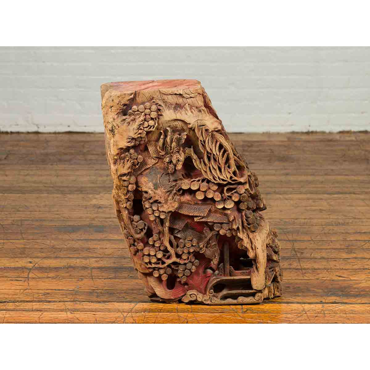 Antique Chinese Hand Carved Temple Corbel with Original Red Polychromy-7. Asian & Chinese Furniture, Art, Antiques, Vintage Home Décor for sale at FEA Home