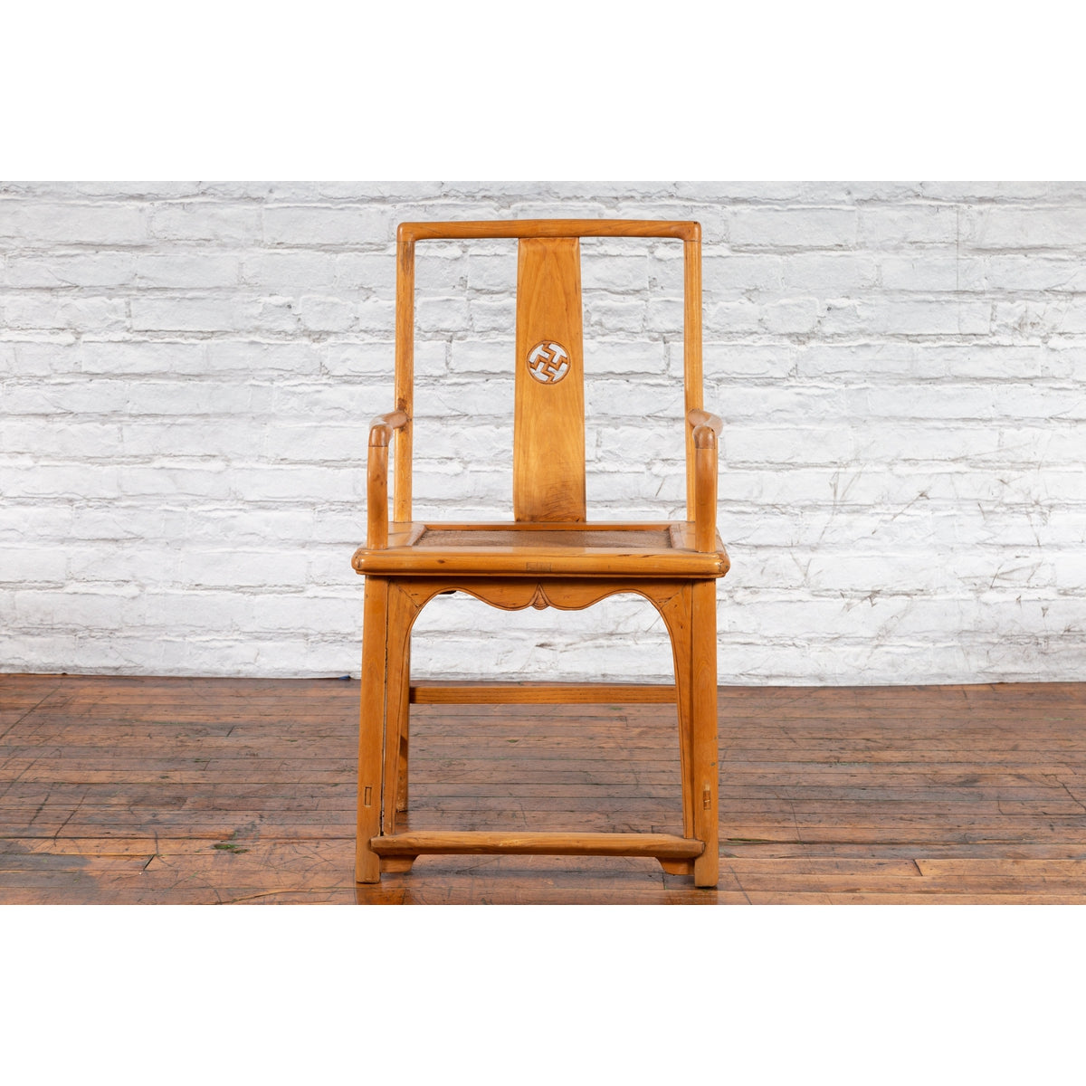 Chinese Late Qing Dynasty Elmwood Armchair with Hand-Carved Medallion-2. Asian & Chinese Furniture, Art, Antiques, Vintage Home Décor for sale at FEA Home