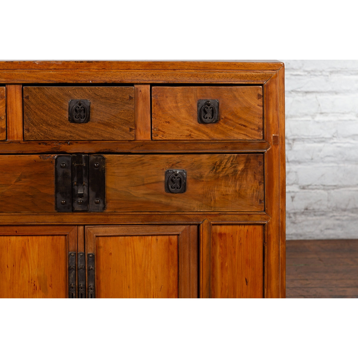 Chinese Late Qing Dynasty Elmwood Cabinet with Five Drawers over Two Doors-10. Asian & Chinese Furniture, Art, Antiques, Vintage Home Décor for sale at FEA Home