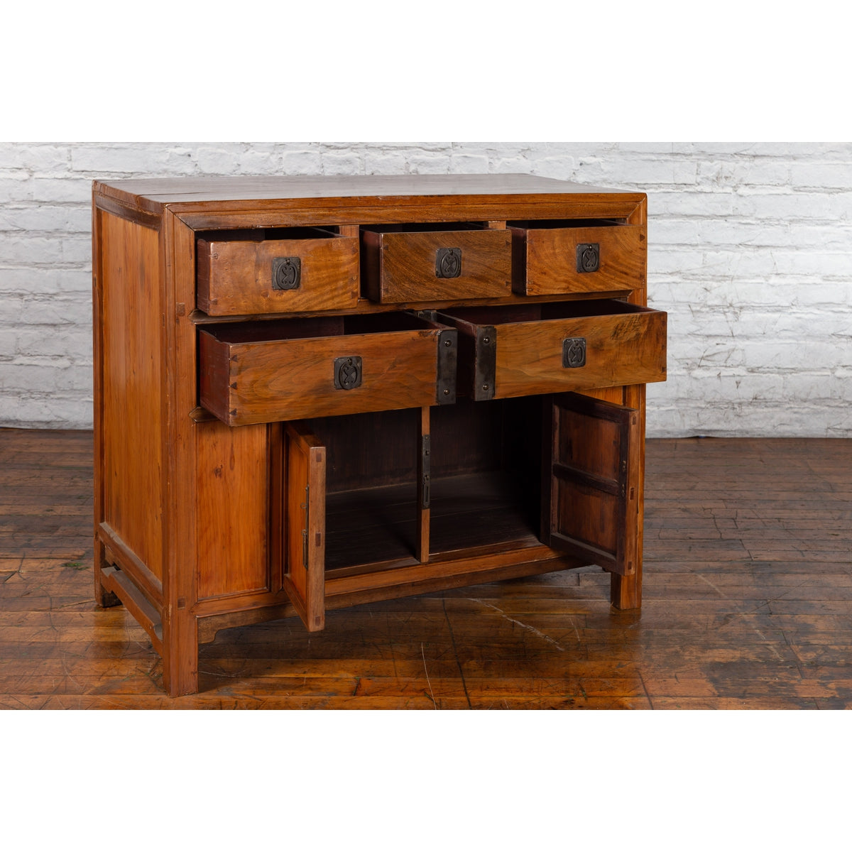 Chinese Late Qing Dynasty Elmwood Cabinet with Five Drawers over Two Doors-4. Asian & Chinese Furniture, Art, Antiques, Vintage Home Décor for sale at FEA Home