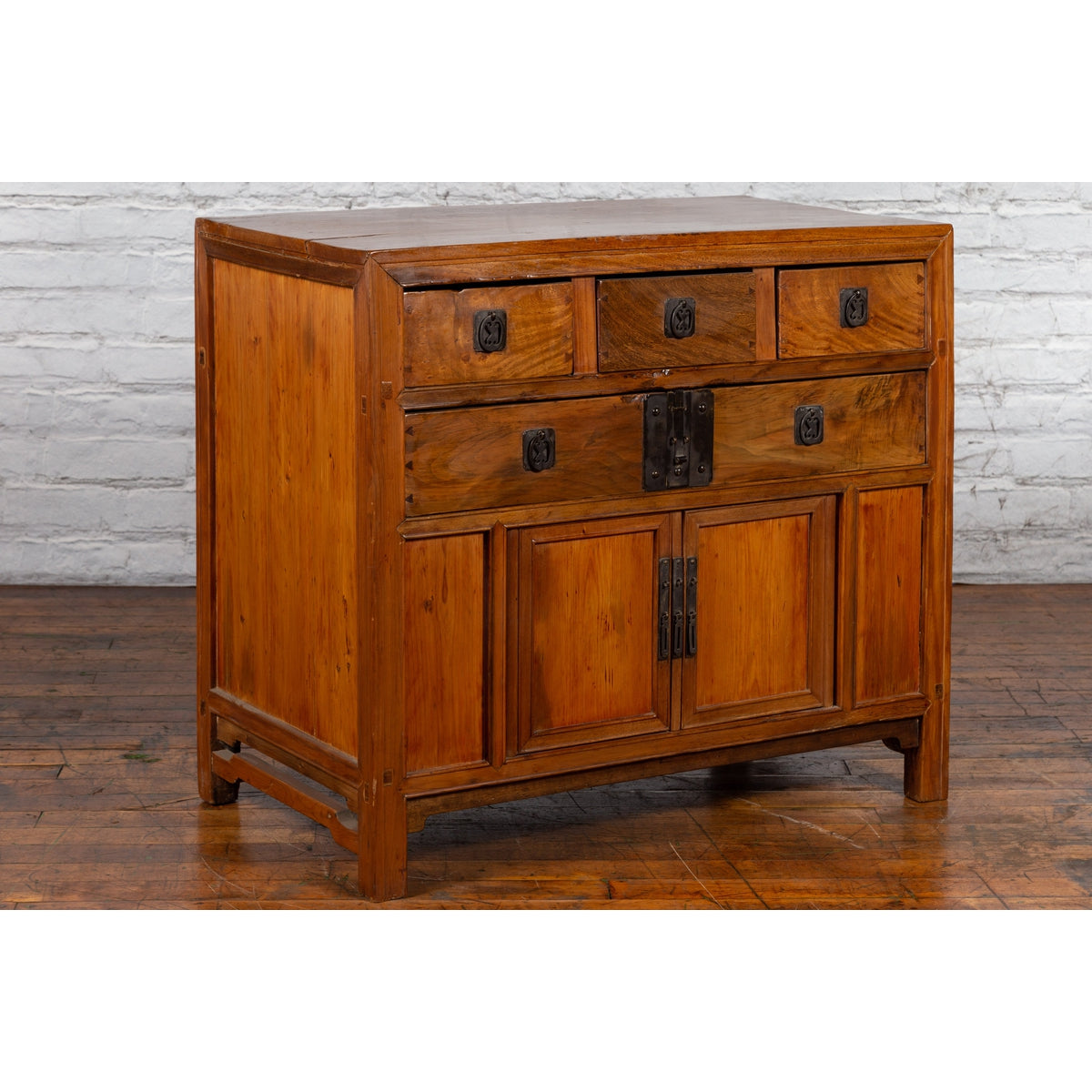 Chinese Late Qing Dynasty Elmwood Cabinet with Five Drawers over Two Doors-5. Asian & Chinese Furniture, Art, Antiques, Vintage Home Décor for sale at FEA Home