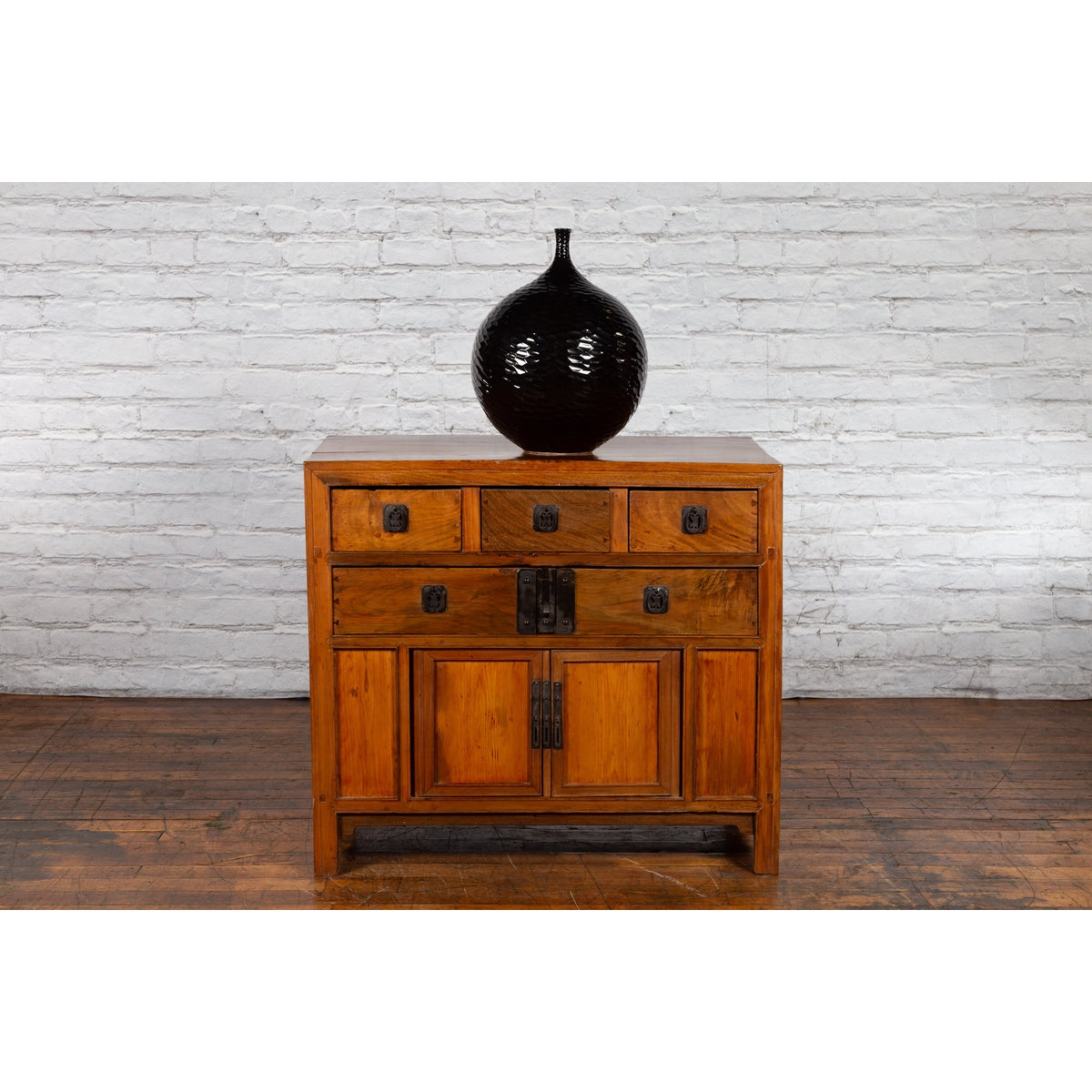 Chinese Late Qing Dynasty Elmwood Cabinet with Five Drawers over Two Doors-6. Asian & Chinese Furniture, Art, Antiques, Vintage Home Décor for sale at FEA Home