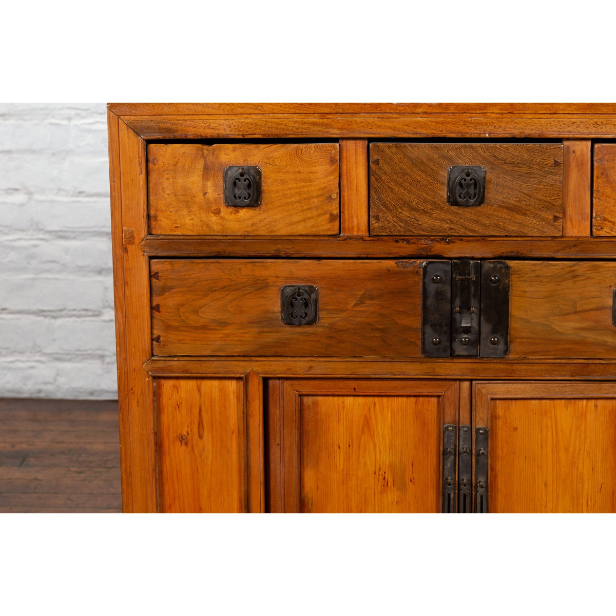 Chinese Late Qing Dynasty Elmwood Cabinet with Five Drawers over Two Doors-9. Asian & Chinese Furniture, Art, Antiques, Vintage Home Décor for sale at FEA Home