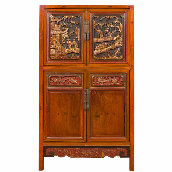 Chinese Ming Dynasty Style Cabinet with Gilt Carved Scenes