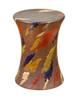 Brown glazed ceramic garden seat, hourglass-shaped, hand painted in red, yellow, blue and cream.