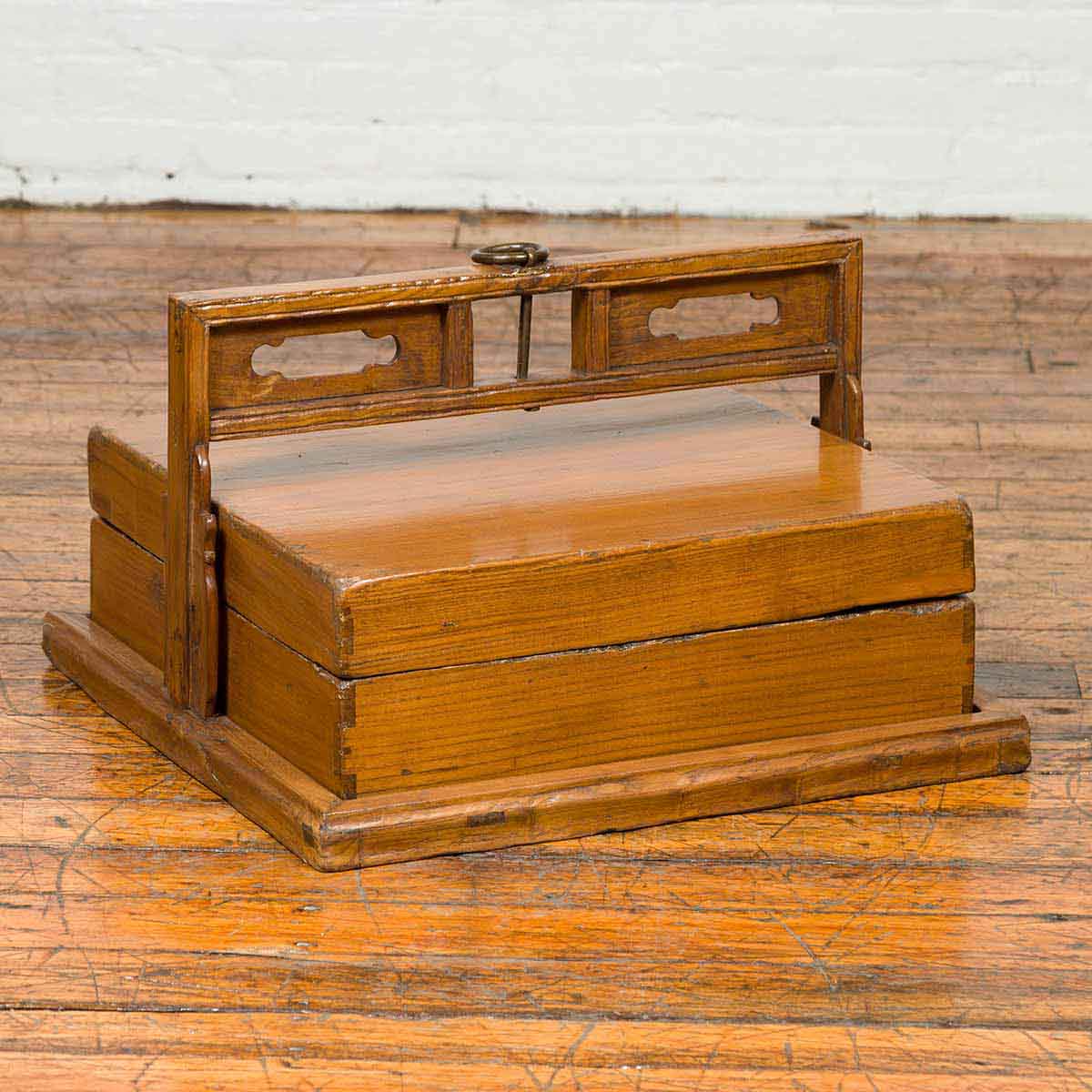 Antique Chinese Wooden Carrying Lunch Box with Pierced Handle-2. Asian & Chinese Furniture, Art, Antiques, Vintage Home Décor for sale at FEA Home