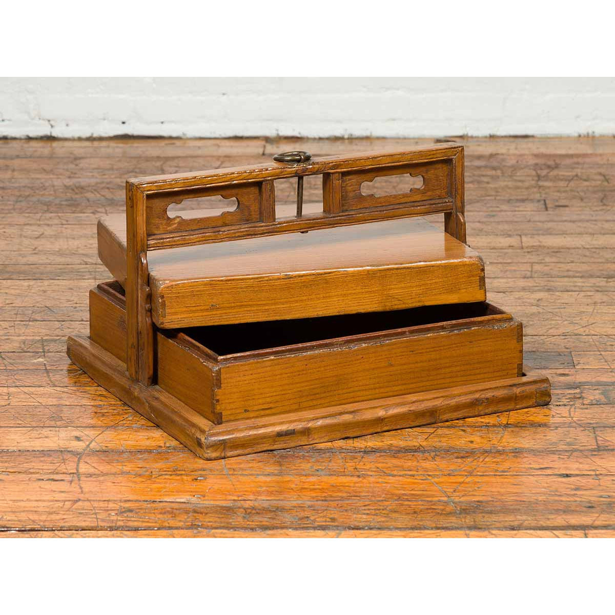 Antique Chinese Wooden Carrying Lunch Box with Pierced Handle-7. Asian & Chinese Furniture, Art, Antiques, Vintage Home Décor for sale at FEA Home