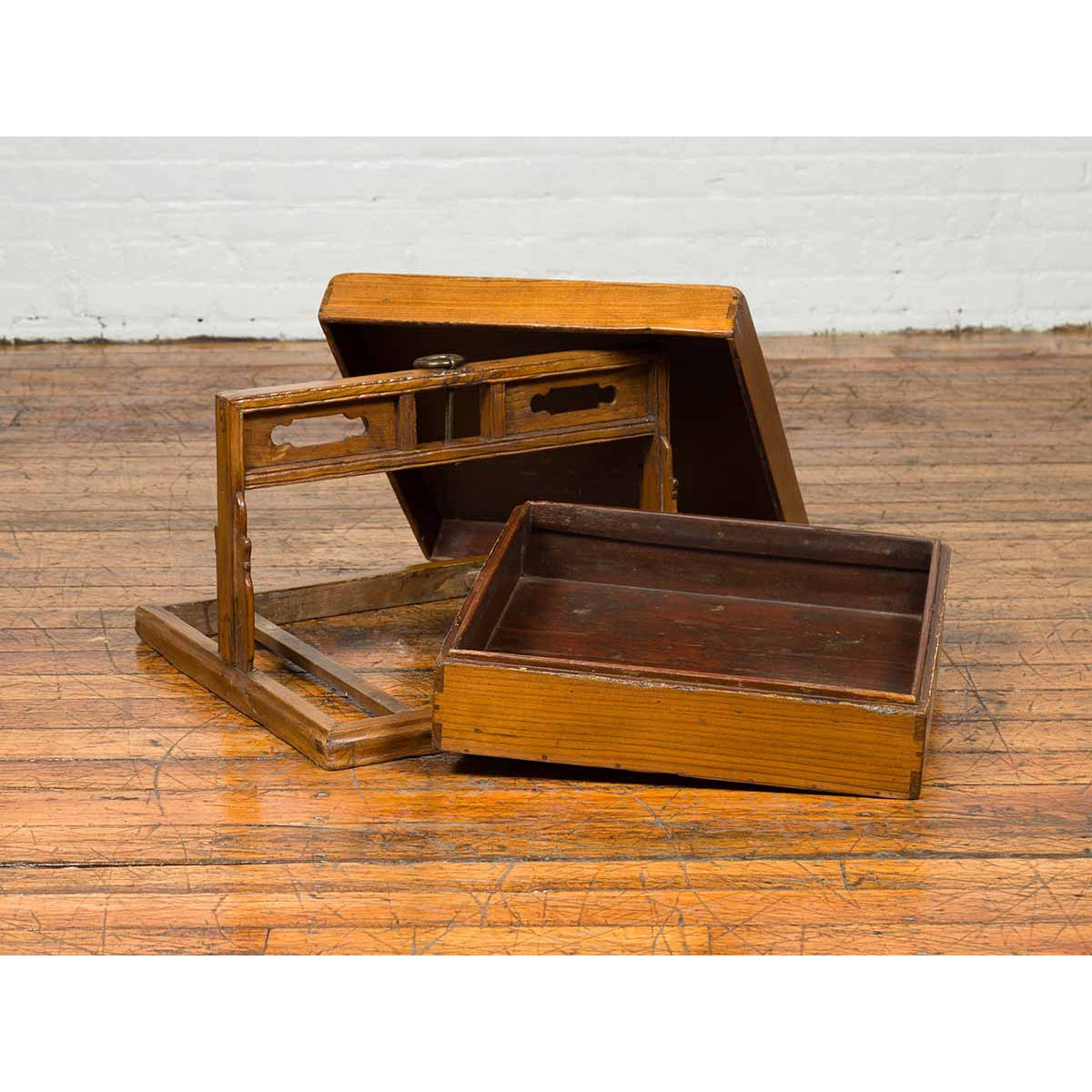 Antique Chinese Wooden Carrying Lunch Box with Pierced Handle-6. Asian & Chinese Furniture, Art, Antiques, Vintage Home Décor for sale at FEA Home