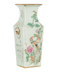 White porcelain square altar vase with hand-painted flowers and birds, Chinese Qing 19th century, close-up.