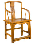 Brown elmwood Qing Dynasty armchair with curved arms, rectangular seat, and carved medallion, 19th century.