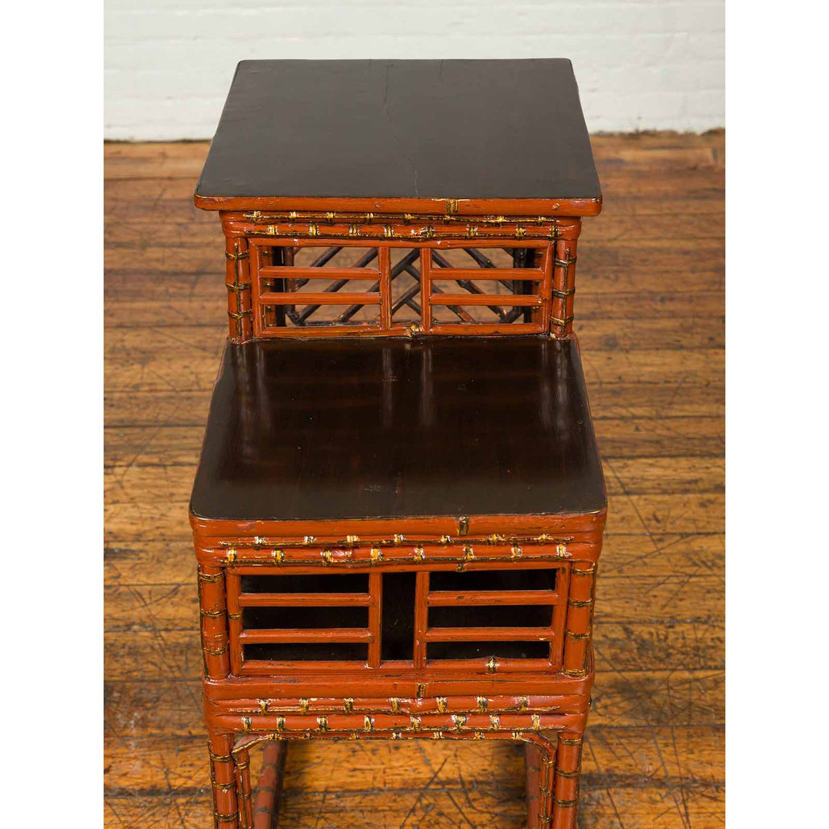 Vintage Lacquered Chinese Tiered Bamboo Lamp Table with Geometric Motifs-10. Asian & Chinese Furniture, Art, Antiques, Vintage Home Décor for sale at FEA Home