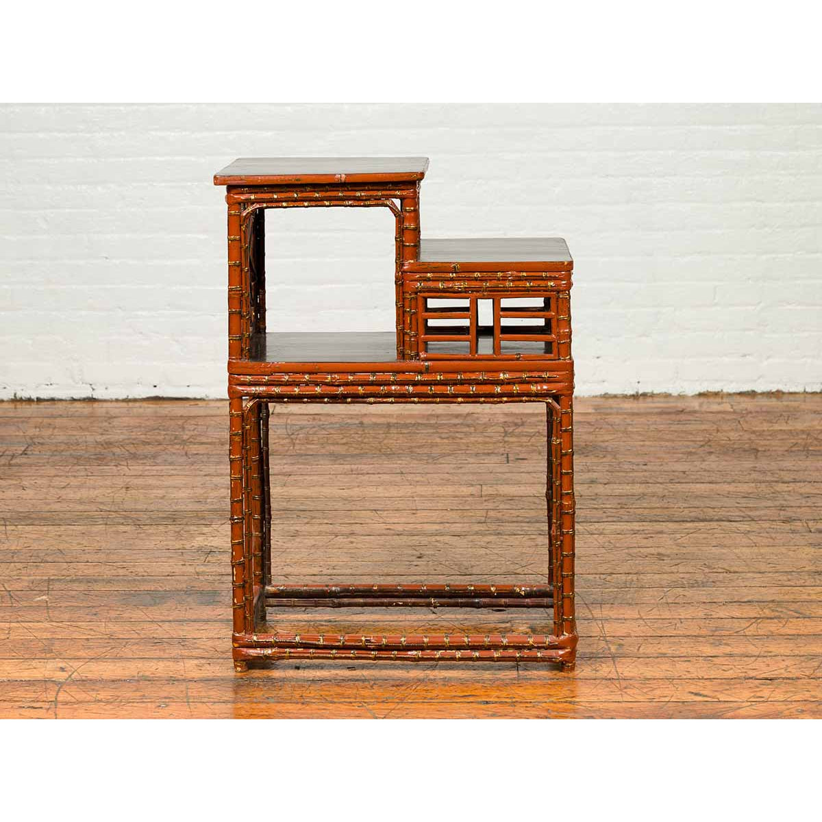 Vintage Lacquered Chinese Tiered Bamboo Lamp Table with Geometric Motifs-6. Asian & Chinese Furniture, Art, Antiques, Vintage Home Décor for sale at FEA Home