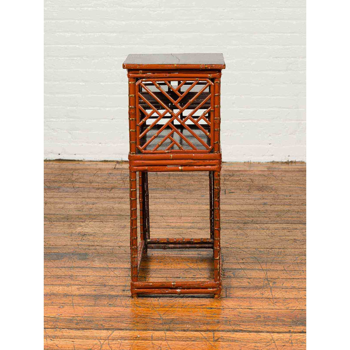 Vintage Lacquered Chinese Tiered Bamboo Lamp Table with Geometric Motifs-7. Asian & Chinese Furniture, Art, Antiques, Vintage Home Décor for sale at FEA Home