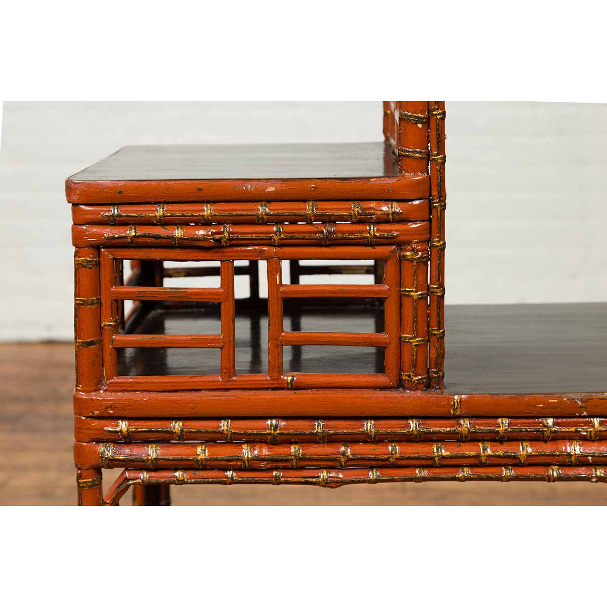 Vintage Lacquered Chinese Tiered Bamboo Lamp Table with Geometric Motifs-9. Asian & Chinese Furniture, Art, Antiques, Vintage Home Décor for sale at FEA Home