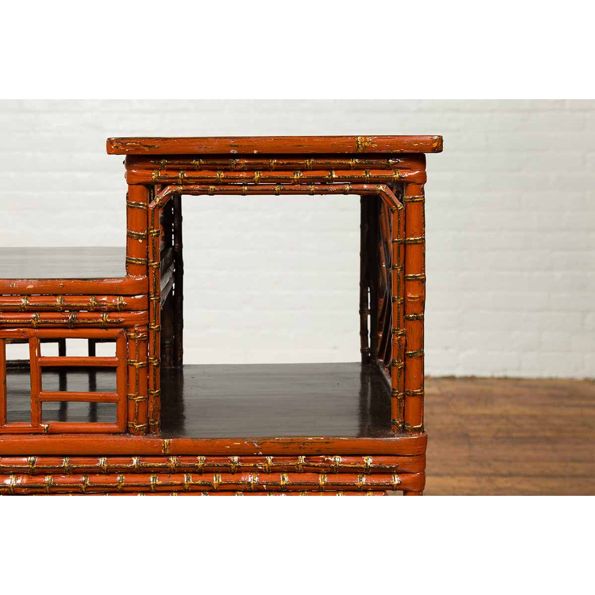 Vintage Lacquered Chinese Tiered Bamboo Lamp Table with Geometric Motifs-11. Asian & Chinese Furniture, Art, Antiques, Vintage Home Décor for sale at FEA Home