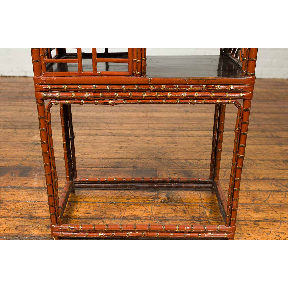 Vintage Lacquered Chinese Tiered Bamboo Lamp Table with Geometric Motifs-13. Asian & Chinese Furniture, Art, Antiques, Vintage Home Décor for sale at FEA Home