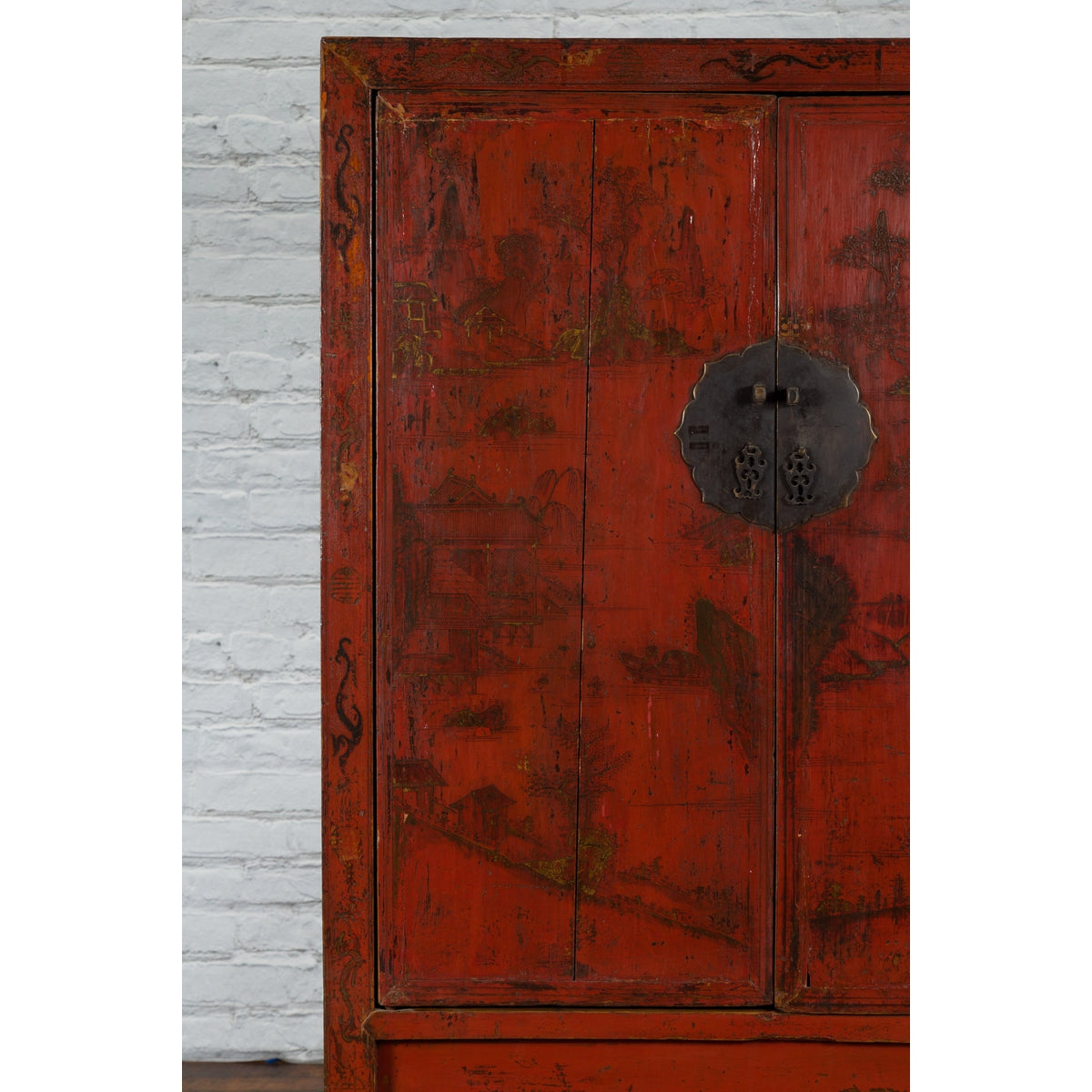Chinese Qing Dynasty Red Lacquer Cabinet with Hand-Painted Chinoiserie Décor-10. Asian & Chinese Furniture, Art, Antiques, Vintage Home Décor for sale at FEA Home