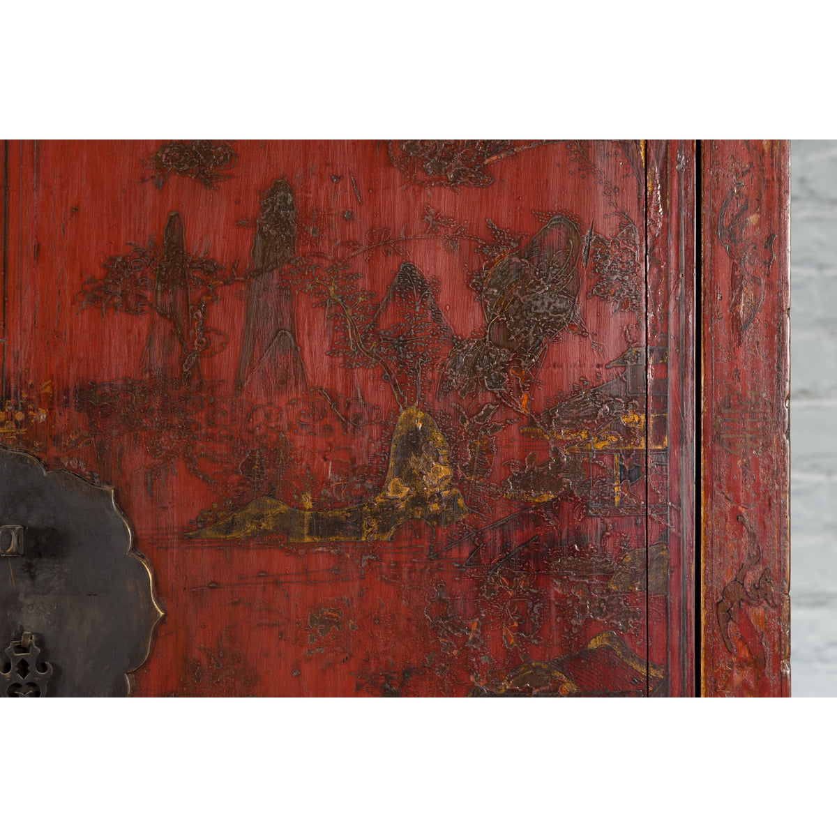 Chinese Qing Dynasty Red Lacquer Cabinet with Hand-Painted Chinoiserie Décor-12. Asian & Chinese Furniture, Art, Antiques, Vintage Home Décor for sale at FEA Home