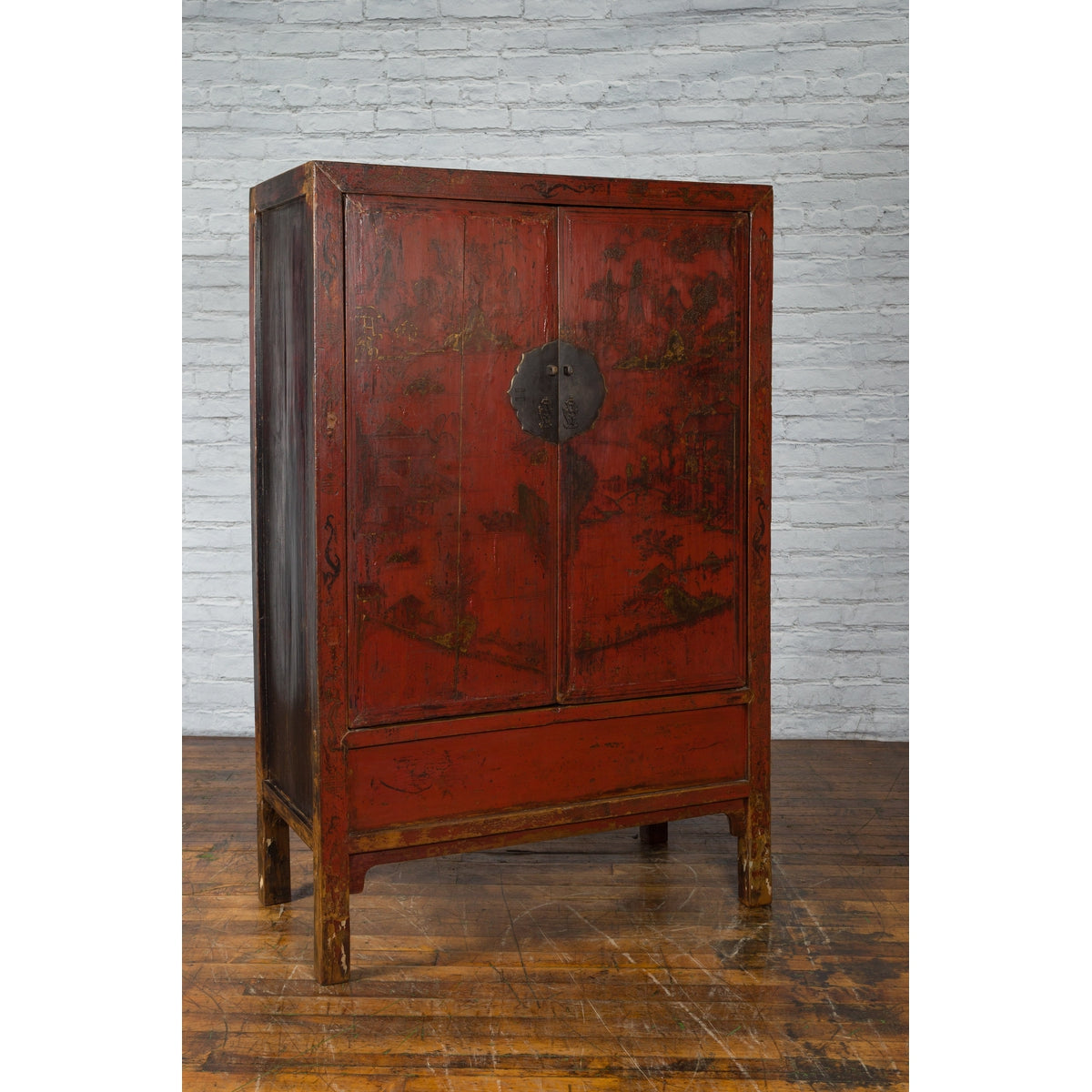 Chinese Qing Dynasty Red Lacquer Cabinet with Hand-Painted Chinoiserie Décor-14. Asian & Chinese Furniture, Art, Antiques, Vintage Home Décor for sale at FEA Home