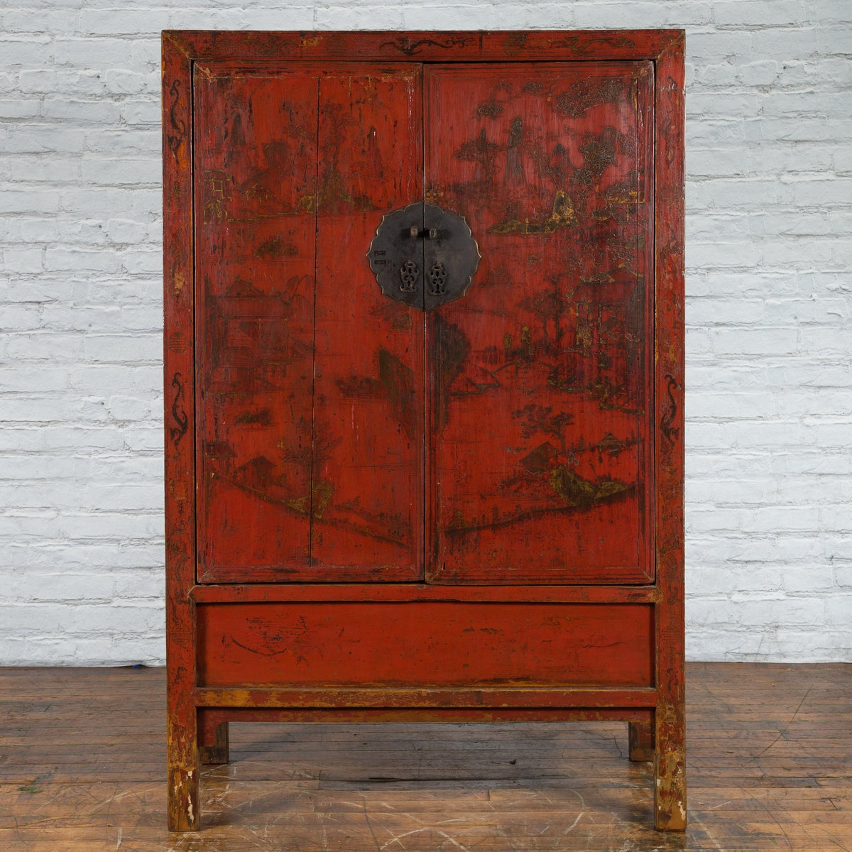 Chinese Qing Dynasty Red Lacquer Cabinet with Hand-Painted Chinoiserie Décor-4. Asian & Chinese Furniture, Art, Antiques, Vintage Home Décor for sale at FEA Home