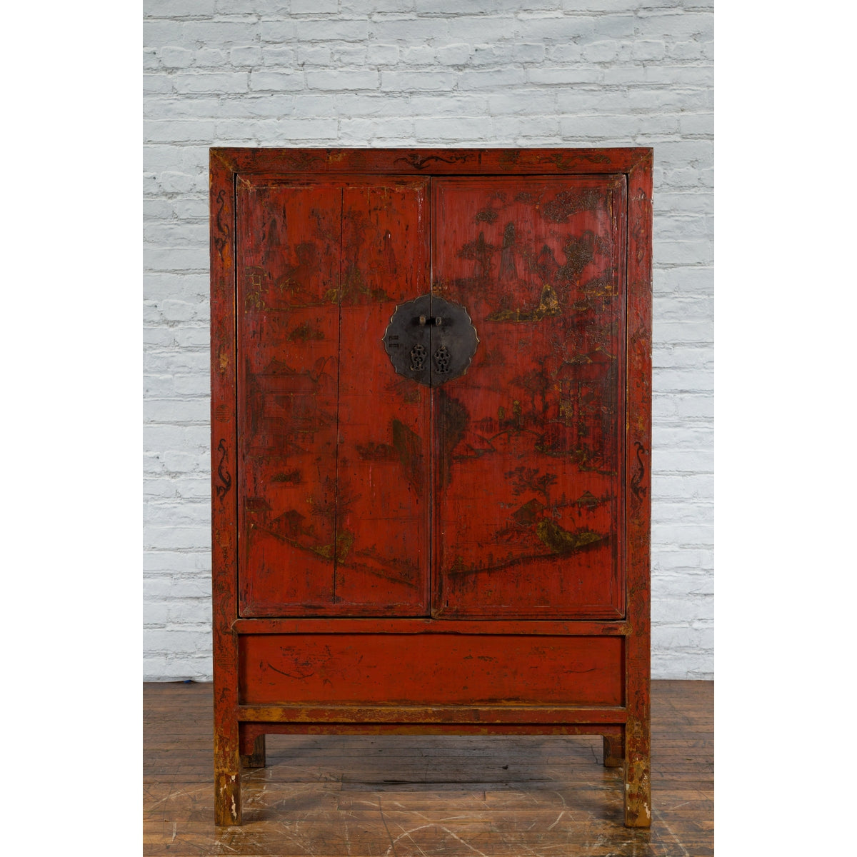 Chinese Qing Dynasty Red Lacquer Cabinet with Hand-Painted Chinoiserie Décor-5. Asian & Chinese Furniture, Art, Antiques, Vintage Home Décor for sale at FEA Home
