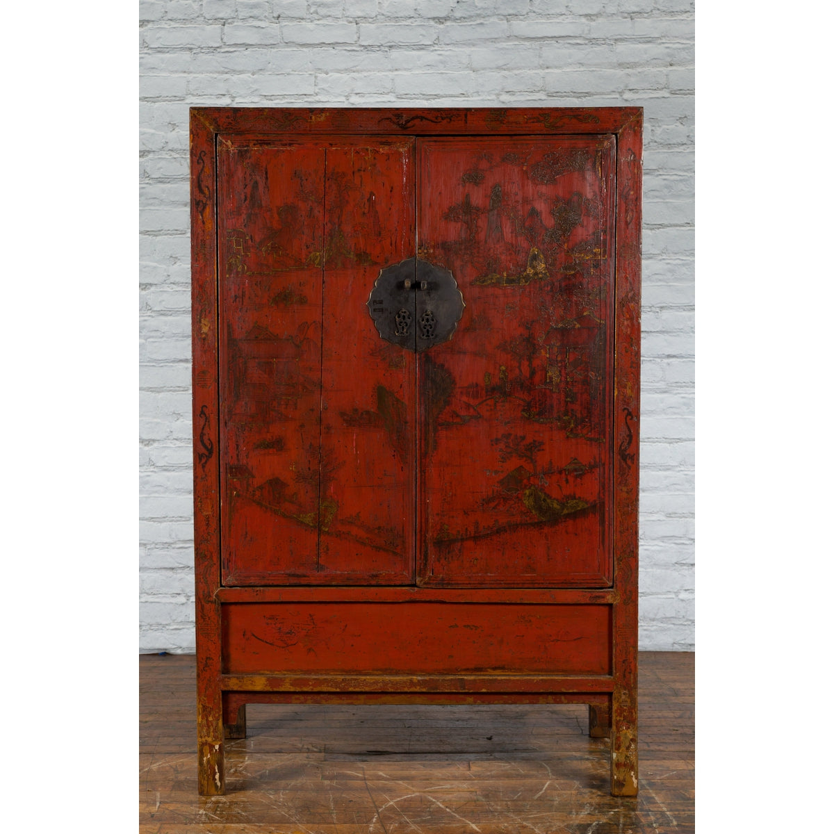 Chinese Qing Dynasty Red Lacquer Cabinet with Hand-Painted Chinoiserie Décor-6. Asian & Chinese Furniture, Art, Antiques, Vintage Home Décor for sale at FEA Home