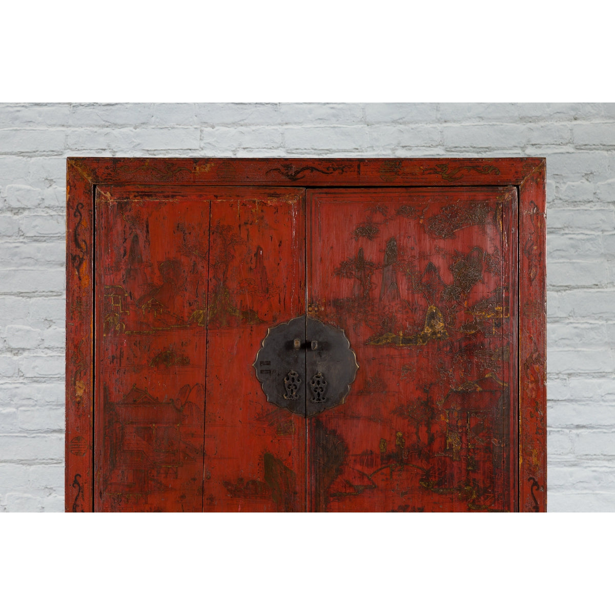 Chinese Qing Dynasty Red Lacquer Cabinet with Hand-Painted Chinoiserie Décor-7. Asian & Chinese Furniture, Art, Antiques, Vintage Home Décor for sale at FEA Home