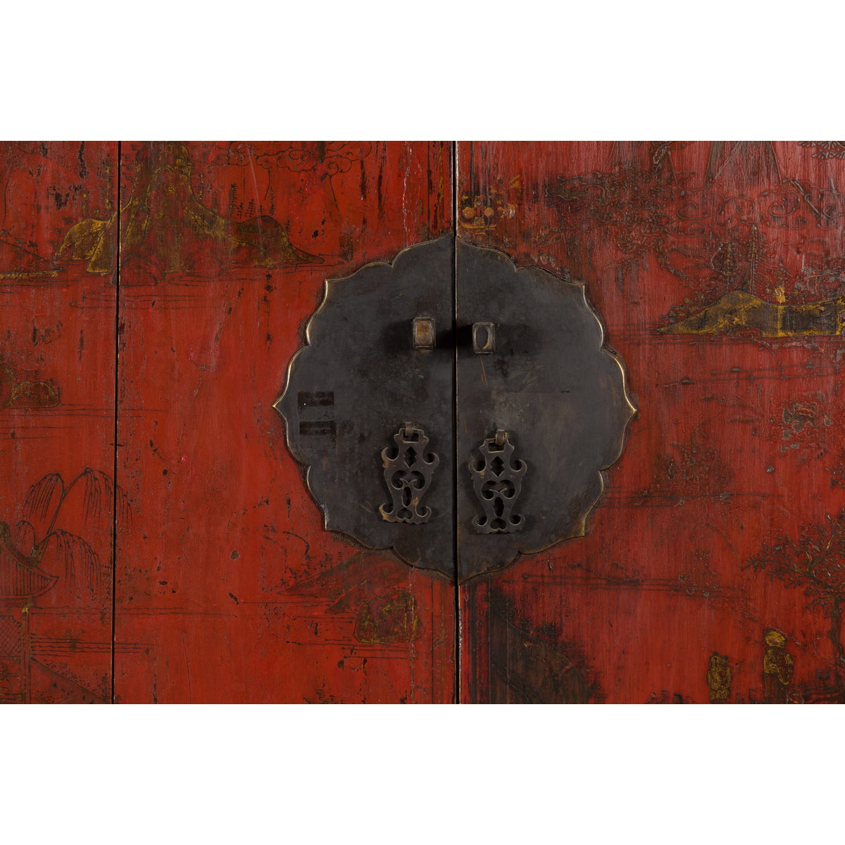 Chinese Qing Dynasty Red Lacquer Cabinet with Hand-Painted Chinoiserie Décor-8. Asian & Chinese Furniture, Art, Antiques, Vintage Home Décor for sale at FEA Home
