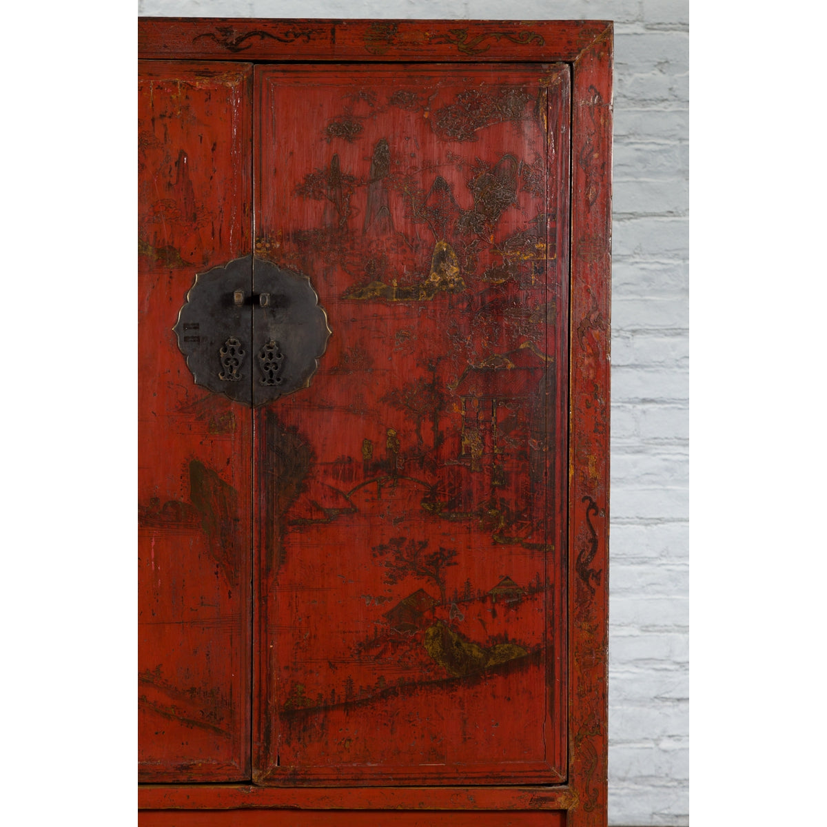 Chinese Qing Dynasty Red Lacquer Cabinet with Hand-Painted Chinoiserie Décor-9. Asian & Chinese Furniture, Art, Antiques, Vintage Home Décor for sale at FEA Home