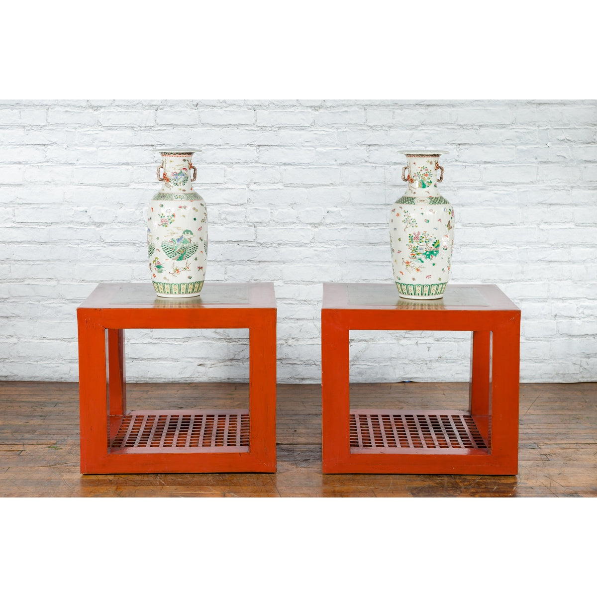 Pair of Chinese Red Lacquered Cube Side Tables with Ming Dynasty Marble Tops-4. Asian & Chinese Furniture, Art, Antiques, Vintage Home Décor for sale at FEA Home