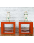 Pair of Chinese Red Lacquered Cube Side Tables with Ming Dynasty Marble Tops-4. Asian & Chinese Furniture, Art, Antiques, Vintage Home Décor for sale at FEA Home