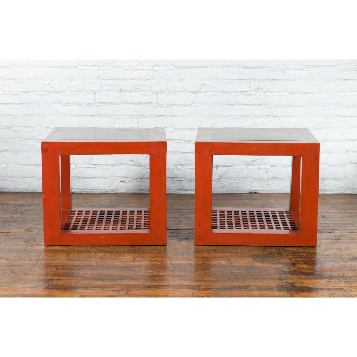 Pair of Chinese Red Lacquered Cube Side Tables with Ming Dynasty Marble Tops-13. Asian & Chinese Furniture, Art, Antiques, Vintage Home Décor for sale at FEA Home