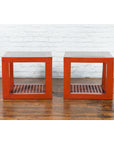 Pair of Chinese Red Lacquered Cube Side Tables with Ming Dynasty Marble Tops-13. Asian & Chinese Furniture, Art, Antiques, Vintage Home Décor for sale at FEA Home