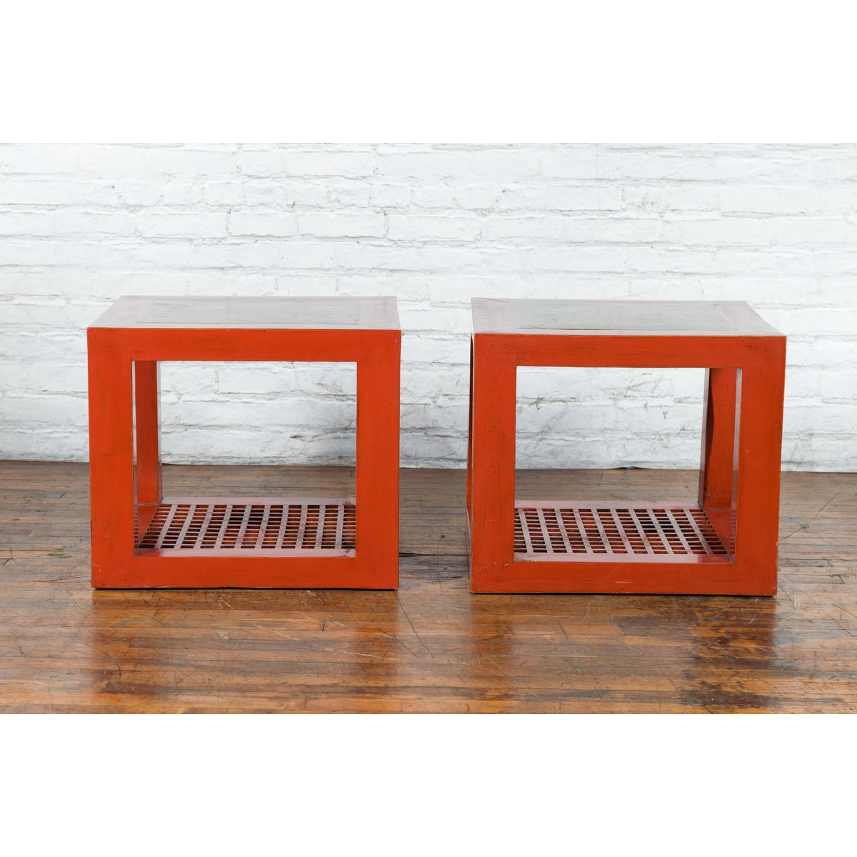 Pair of Chinese Red Lacquered Cube Side Tables with Ming Dynasty Marble Tops-14. Asian & Chinese Furniture, Art, Antiques, Vintage Home Décor for sale at FEA Home