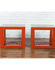 Pair of Chinese Red Lacquered Cube Side Tables with Ming Dynasty Marble Tops-14. Asian & Chinese Furniture, Art, Antiques, Vintage Home Décor for sale at FEA Home
