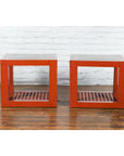 Pair of Chinese Red Lacquered Cube Side Tables with Ming Dynasty Marble Tops-2. Asian & Chinese Furniture, Art, Antiques, Vintage Home Décor for sale at FEA Home