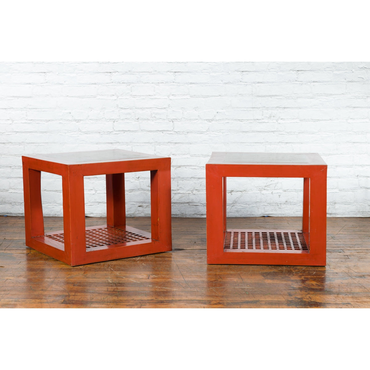 Pair of Chinese Red Lacquered Cube Side Tables with Ming Dynasty Marble Tops-3. Asian & Chinese Furniture, Art, Antiques, Vintage Home Décor for sale at FEA Home