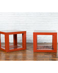 Pair of Chinese Red Lacquered Cube Side Tables with Ming Dynasty Marble Tops-3. Asian & Chinese Furniture, Art, Antiques, Vintage Home Décor for sale at FEA Home