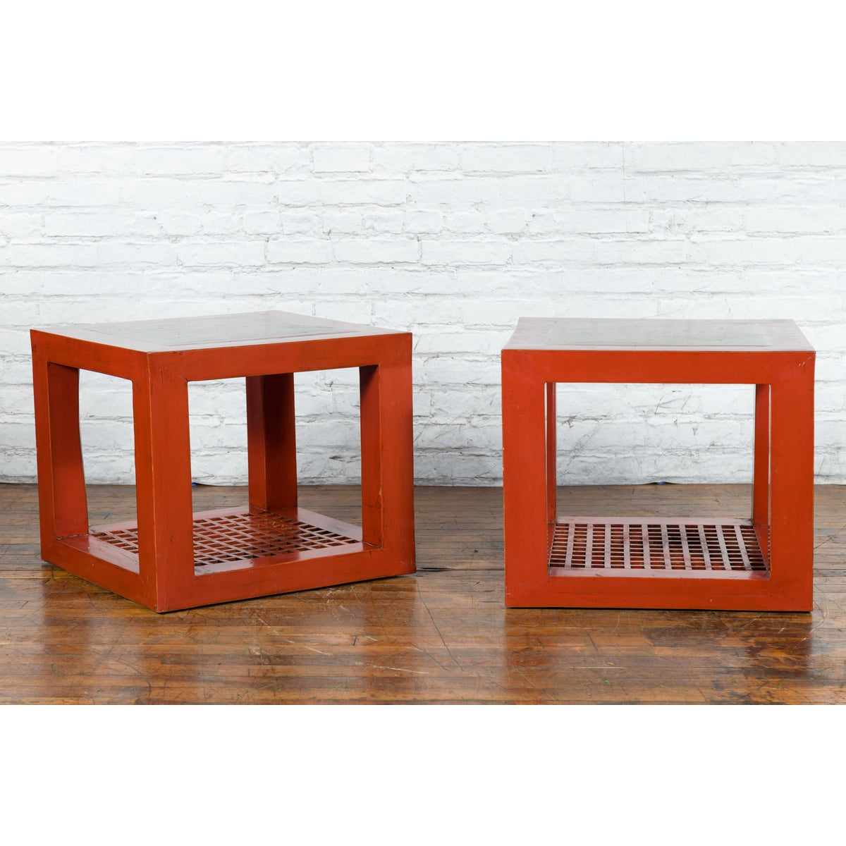 Pair of Chinese Red Lacquered Cube Side Tables with Ming Dynasty Marble Tops-5. Asian & Chinese Furniture, Art, Antiques, Vintage Home Décor for sale at FEA Home