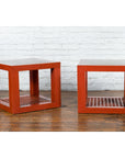 Pair of Chinese Red Lacquered Cube Side Tables with Ming Dynasty Marble Tops-5. Asian & Chinese Furniture, Art, Antiques, Vintage Home Décor for sale at FEA Home