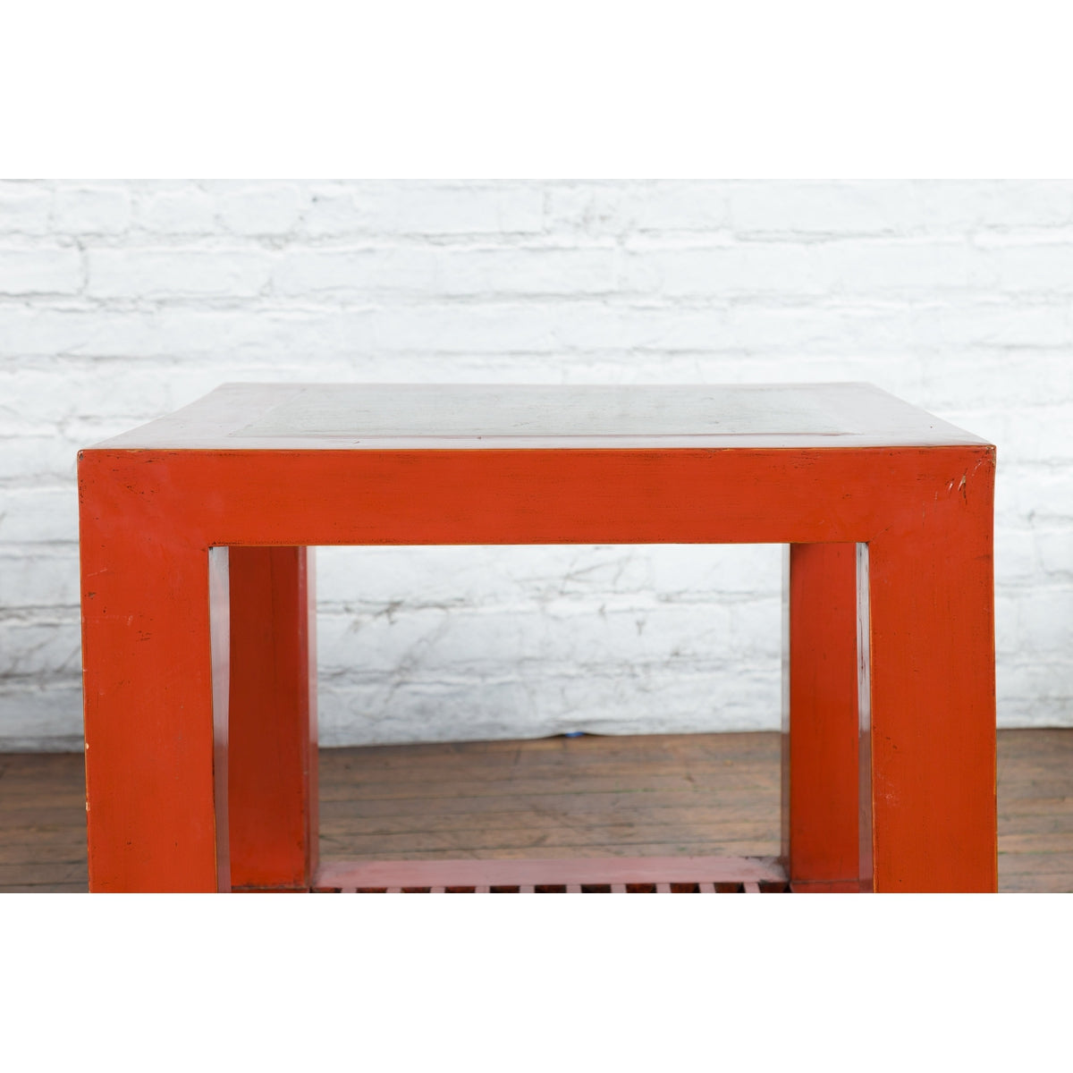 Pair of Chinese Red Lacquered Cube Side Tables with Ming Dynasty Marble Tops-6. Asian & Chinese Furniture, Art, Antiques, Vintage Home Décor for sale at FEA Home
