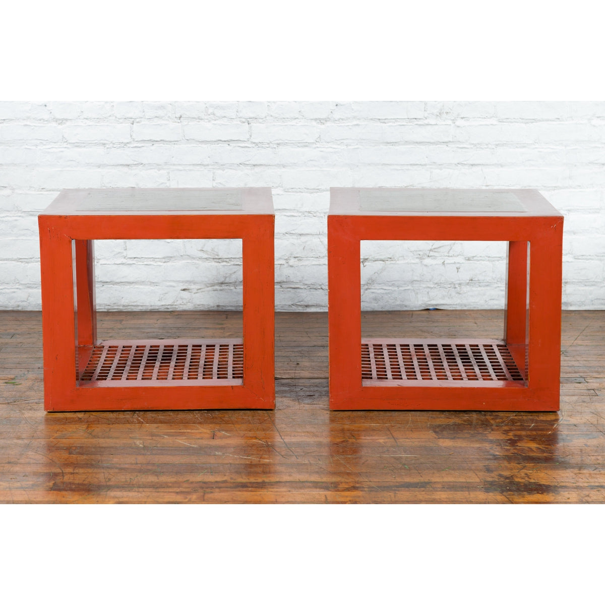Pair of Chinese Red Lacquered Cube Side Tables with Ming Dynasty Marble Tops-8. Asian & Chinese Furniture, Art, Antiques, Vintage Home Décor for sale at FEA Home