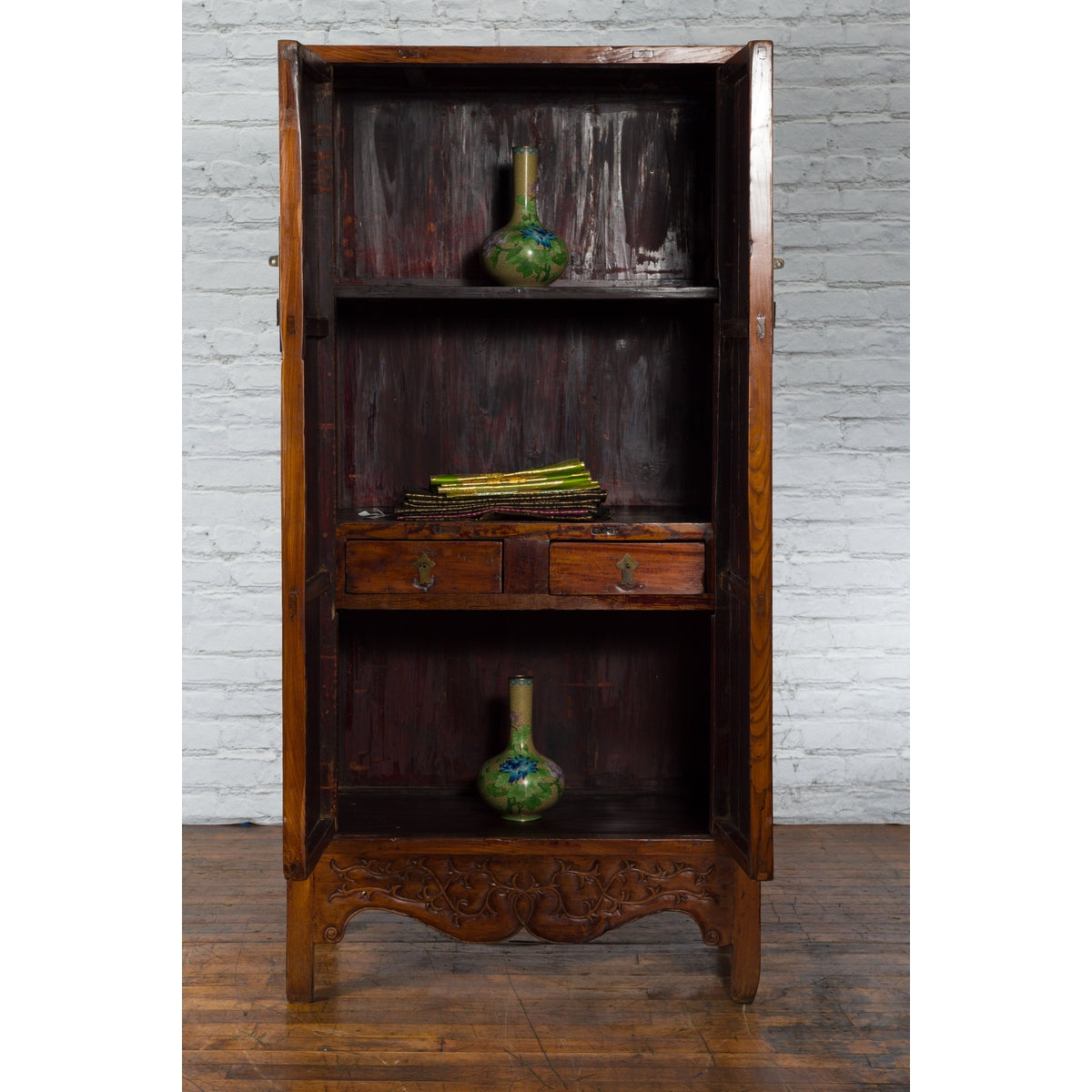 Chinese 19th Century Qing Dynasty Cabinet with Brown Finish and Carved Apron-5. Asian & Chinese Furniture, Art, Antiques, Vintage Home Décor for sale at FEA Home